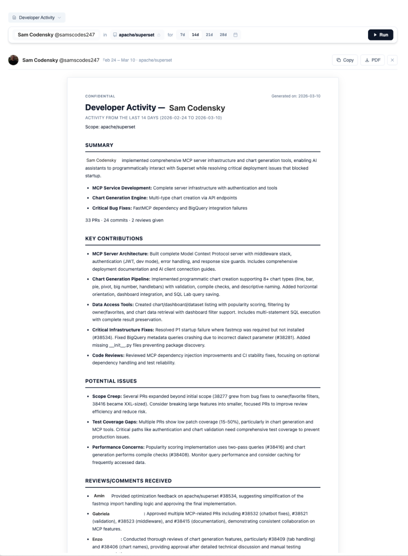 DevSignal app — generate developer activity reports from GitHub data
